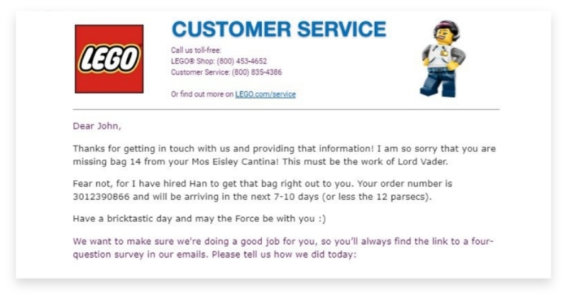 Lego Customer Service Message